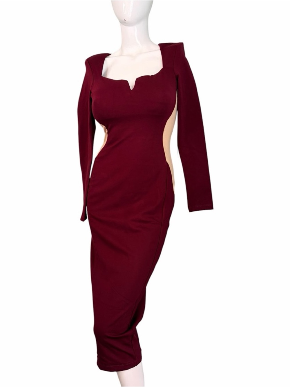 TA3 Notchy Long Sleeve Midi Dress Bodycon Cutout illusions Deep Wine red NWT L - Picture 10 of 16